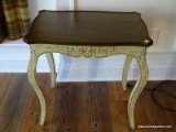 (BAS) FLORAL PAINTED END TABLE WITH NATURAL WOOD FINISH TOP. MEASURES 23 IN X 15 IN X 23 IN. ITEM IS