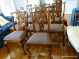 (DR) STICKLEY DINING CHAIRS WITH SHELL CARVED KNEES, GREEN AND MAROON UPHOLSTERY, AND BALL & CLAW