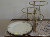 (FAM) GOLD PAINTED PLATE HOLDER WITH A SINGLE FLORAL PLATE AND A ROGERS SILVER PLATED PLATE. ITEM IS