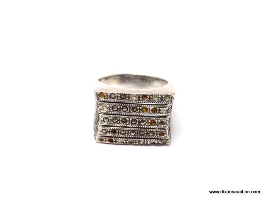 VINTAGE .925 STERLING SILVER BLOCK RING WITH MARCASITE & CZ GEMSTONES. MARKED ON THE INSIDE "925".