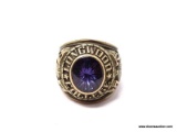 VINTAGE LONGWOOD UNIVERSITY COLLEGE RING WITH LARGE OVAL PURPLE STONE. MADE BY BALFOUR. MONOGRAMMED