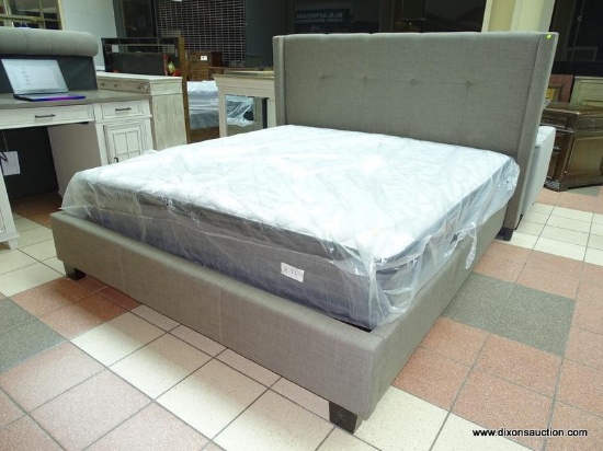 MODERN GRAY UPHOLSTERED SQUARE STITCHED KING SIZE PLATFORM BED WITH CLOTH UPHOLSTERED RAILS. SIMILAR