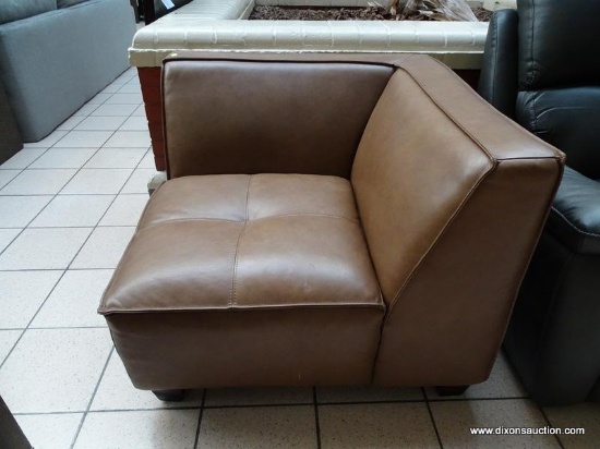 ABBYSON SECTIONAL PIECE. HAS LEATHER UPHOLSTERY IN A COGNAC COLOR AND MAHOGANY FEET. SIMILAR ITEMS