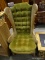 THOMASVILLE GREEN UPHOLSTERED SOLID PECAN CANE SIDE AND BUTTON TUFTED BACK WINGBACK CHAIR. MEASURES