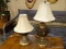 WROUGHT IRON AND BRASS TABLE LAMPS WITH BRONZE TONED PAINT ON THE WROUGHT IRON. 1 HAS A HARP AND