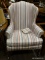 HIGHLAND HOUSE STRIPE UPHOLSTERED WING BACK CHAIR WITH MAHOGANY QUEEN ANNE LEGS. IS 1 OF A PAIR.