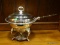 SILVER PLATE CHAFING DISH WITH HANDLE, STAND, AND BURNER. ITEM IS SOLD AS IS WHERE IS WITH NO