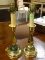 PAIR OF BRASS CANDLESTICK STYLE LAMPS. NEED HARPS AND SHADES. EACH MEASURES 16.5 IN TALL. ITEM IS