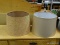 LOT OF 2 LAMP SHADES TO INCLUDE A CORK LAMP SHADE AND A CLOTH LAMPSHADE. ITEM IS SOLD AS IS WHERE IS