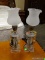 PAIR OF CLEAR GLASS AND FROSTED GLASS SHADE TABLE LAMPS WITH PRISMS. EACH MEASURES 15 IN TALL. ITEM