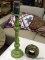 GREEN PAINTED TALL CANDLE HOLDER WITH CANDLE AND A HANGING DRAGONFLY THEMED CANDLE HOLDER. CANDLE