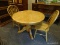 ROUND OAK PEDESTAL BASE DINING SET. INCLUDES 2 OAK ARROW BACK AND PLANK BOTTOM CHAIRS. TABLE