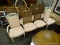SET OF 8 CANE BACK AND PINK UPHOLSTERED SEAT DINING CHAIRS WITH WHEAT AND BOW PATTERN CRESTS. 5 ARE