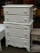 WHITE PAINTED 5 DRAWER TALL CHEST WITH ROUND WOODEN KNOBS. MEASURES 29 IN X 16 IN X 45.5 IN. ITEM IS