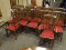 SET OF 12 MAHOGANY AND RED UPHOLSTERED SEAT DINING CHAIRS WITH SLAT BACKS. 2 ARE ARMS AND 10 ARE