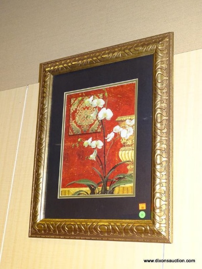 FRAMED PRINT OF AN ORCHID WITH GREEN AND BLACK DOUBLE MATTING AND A GOLD TONED FRAME. MEASURES 20 IN