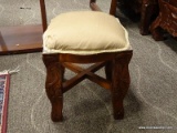 SOLID MAHOGANY AND GOLD TONE FABRIC UPHOLSTERED VANITY STOOL. MEASURES 16 IN X 16 IN X 19 IN. ITEM