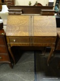 ANTIQUE OAK FALL-FRONT DESK WITH GALLERY BACK, 2 UPPER DRAWERS, FALL FRONT WRITING SURFACE, AND 1