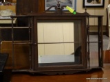 MAHOGANY WALL HANGING WHAT-NOT SHELF WITH GLASS DOOR THAT OPENS TO REVEAL AN INTERIOR SHELF AND