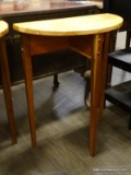 CYPRESS WOOD DEMILUNE TABLE. MEASURES 23 IN X 12 IN X 29 IN. ITEM IS SOLD AS IS WHERE IS WITH NO