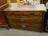 THOMASVILLE OAK 3 DRAWER DRESSER WITH BRASS HANDLES. MEASURES 46 IN X 18 IN X 30.5 IN. ITEM IS SOLD