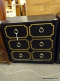 BLACK AND GOLD PAINTED 3 DRAWER CHEST WITH BRASS PULLS. MEASURES 30 IN X 16 IN X 31 IN. ITEM IS SOLD