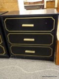 BLACK AND GOLD PAINTED 3 DRAWER CHEST WITH WOODEN PULLS. MEASURES 30 IN X 16 IN X 31 IN. ITEM IS