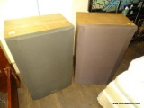 PAIR OF REALISTIC BRAND SPEAKERS WITH CLOTH CONE COVERS AND WOODEN CASES. EACH MEASURES 17 IN X 12