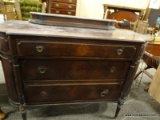 ANTIQUE MAHOGANY BUFFET WITH UPPER STORAGE AREA, 5 DRAWERS (1 FACE NEEDS TLC [IS PRESENT]) AND 2