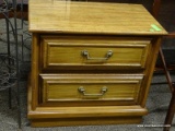 WOOD FINISH NIGHTSTAND WITH 2 DRAWERS WITH BRASS PULLS. MEASURES 25 IN X 15 IN X 22.5 IN. ITEM IS