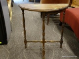 OAK DEMI-LUNE TABLE WITH STRETCHER BASE AND TURNED LEGS. MEASURES 24 IN X 12 IN X 25 IN. ITEM IS