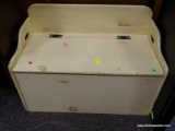 CREAM COLORED CHEST WITH GALLERY BACK AND DOUBLE HANDLES (1 ON EITHER SIDE). MEASURES 30 IN X 16 IN