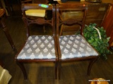 PAIR OF MAHOGANY EMPIRE STYLE SIDE CHAIRS WITH BLUE PINEAPPLE THEME UPHOLSTERED SEATS. EACH MEASURES