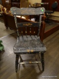 VINTAGE TOLE PAINTED SIDE CHAIR WITH A CRACKLE FINISH. MEASURES 17 IN X 15 IN X 34 IN. ITEM IS SOLD