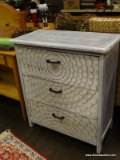 GRAY DISTRESSED FINISH 3 DRAWER CHEST WITH BLACK HANDLES AND FLORAL CARVED FRONT. MEASURES 32 IN X