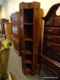 SOLID OAK 5 SHELF CORNER SHELVING UNIT WITH PANELED SIDES. IS 1 OF A PAIR. MEASURES 19 IN X 18 IN X