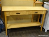 MAPLE 2 DRAWER CONSOLE TABLE WITH A LOWER SHELF AND STRAIGHT LEGS. MEASURES 50 IN X 13.5 IN X 30.5