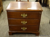 MAHOGANY 3 DRAWER NIGHTSTAND WITH BRASS PULLS AND BRACKET FEET. MEASURES 21 IN X 14 IN X 20.5 IN.