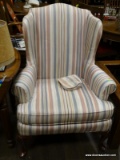 HIGHLAND HOUSE STRIPE UPHOLSTERED WING BACK CHAIR WITH MAHOGANY QUEEN ANNE LEGS. IS 1 OF A PAIR.