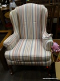 HIGHLAND HOUSE STRIPE UPHOLSTERED WING BACK CHAIR WITH MAHOGANY QUEEN ANNE LEGS. IS 1 OF A PAIR.