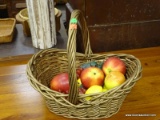 GOLD PAINTED HAND BASKET CONTAINING ARTIFICIAL FRUIT SUCH AS APPLES, GRAPES, LEMONS, ETC. ITEM IS