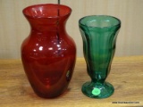 2 PIECE COLORED GLASS LOT TO INCLUDE A PURPLE VASE AND A GREEN SHERBET GLASS. ITEM IS SOLD AS IS