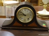 VINTAGE SETH THOMAS MADE IN USA HUMPBACK CLOCK WITH MAHOGANY CASE. MEASURES 13 IN X 5 IN X 8 IN.