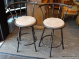 PAIR OF IRON AND BROWN UPHOLSTERED SWIVEL BARSTOOLS. EACH MEASURES 22.5 IN X 18 IN X 34 IN. ITEM IS