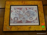 FRAMED PRINT OF THE WORLD. MEASURES 14 IN X 12 IN. ITEM IS SOLD AS IS WHERE IS WITH NO GUARANTEES OR