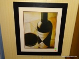 FRAMED WINE PRINT OF A BOTTLE AND A GLASS WITH RED WINE. IS DOUBLE MATTED IN BURGUNDY AND WHITE WITH
