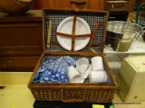 WICKER LOCKABLE BASKET WITH HANDLES WITH AN INTERIOR PICNIC SET. MEASURES 18 IN X 8 IN X 14 IN. ITEM