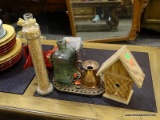 LOT OF ASSORTED ITEMS TO INCLUDE A WOODEN BIRDHOUSE, A COPPER CREAMER, A GREEN GLASS BOTTLE,
