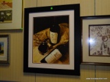 FRAMED WINE PRINT OF A BOTTLE AND A GLASS WITH RED WINE. IS DOUBLE MATTED IN BURGUNDY AND WHITE WITH