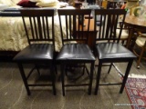 SET OF 3 ESPRESSO FINISH SIDE CHAIRS WITH FAUX LEATHER UPHOLSTERED SEATS. EACH MEASURES 15 IN X 16